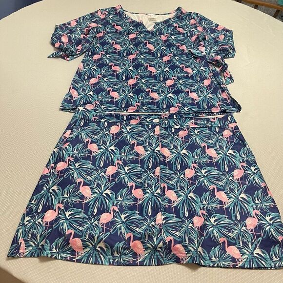 Top It Off Flamingo White Blue Floral Skort Skirt Set Size Medium Top XL Bottom - Picture 1 of 15